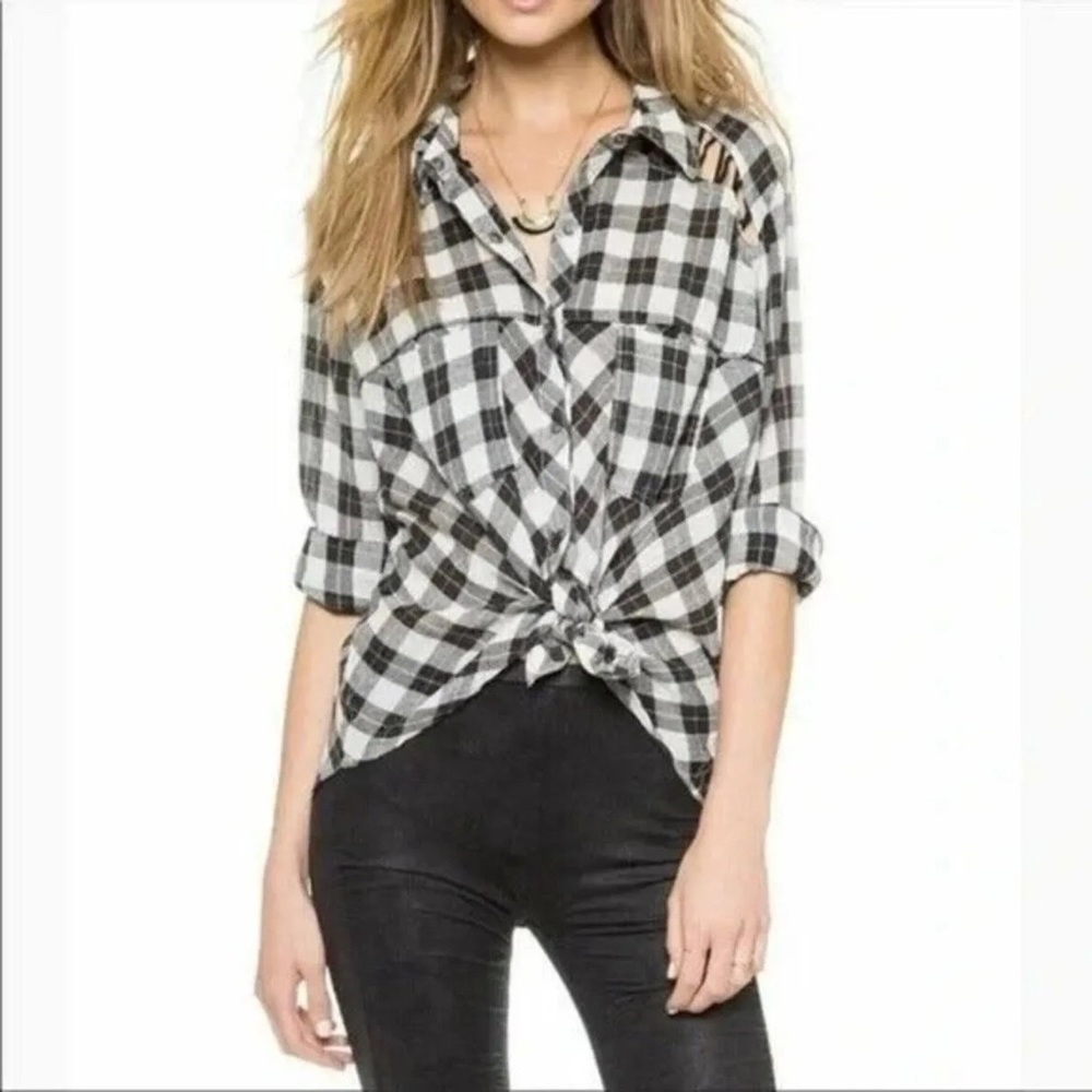 Free People Plaid Lace Up Shoulder Snap Front Top Black White Small S
